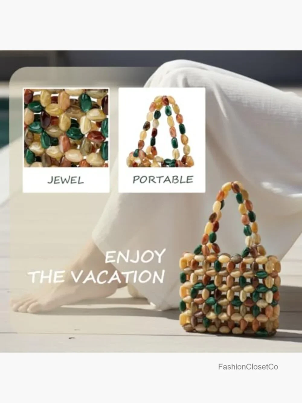Handmade Beaded Tote Bag, Acrylic Boho Hobo Purse for Beach Party